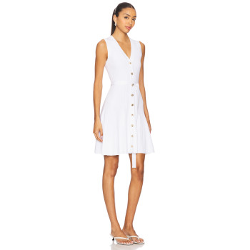 Elegant Simple Sleeveless White Knitted V Neck Gold Buttons Dress