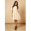 Elegant Round Neckline Puff Sleeve Smocked Front Tight Waist Solid Color Casual Dress