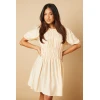 Elegant Round Neckline Puff Sleeve Smocked Front Tight Waist Solid Color Casual Dress