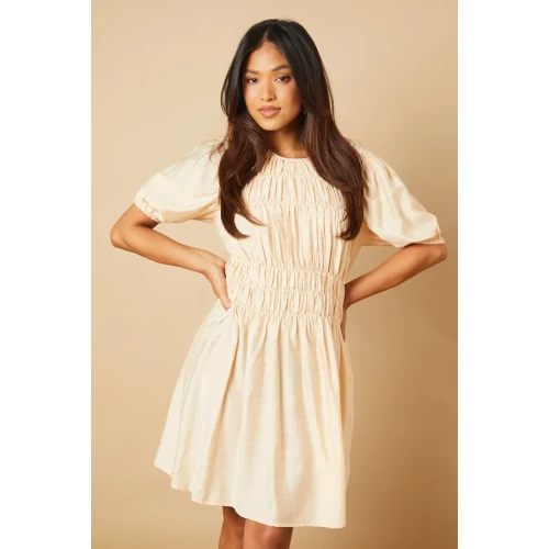 Elegant Round Neckline Puff Sleeve Smocked Front Tight Waist Solid Color Casual Dress