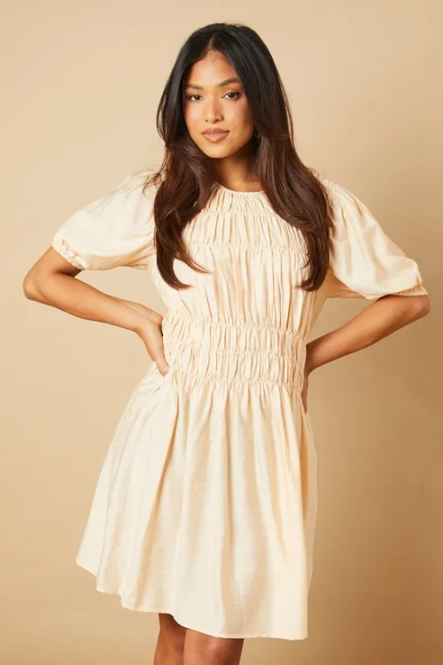 Elegant Round Neckline Puff Sleeve Smocked Front Tight Waist Solid Color Casual Dress