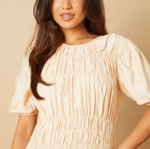 Elegant Round Neckline Puff Sleeve Smocked Front Tight Waist Solid Color Casual Dress