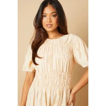 Elegant Round Neckline Puff Sleeve Smocked Front Tight Waist Solid Color Casual Dress