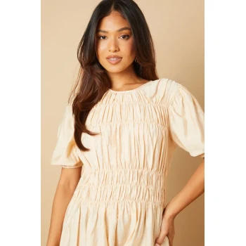 Elegant Round Neckline Puff Sleeve Smocked Front Tight Waist Solid Color Casual Dress