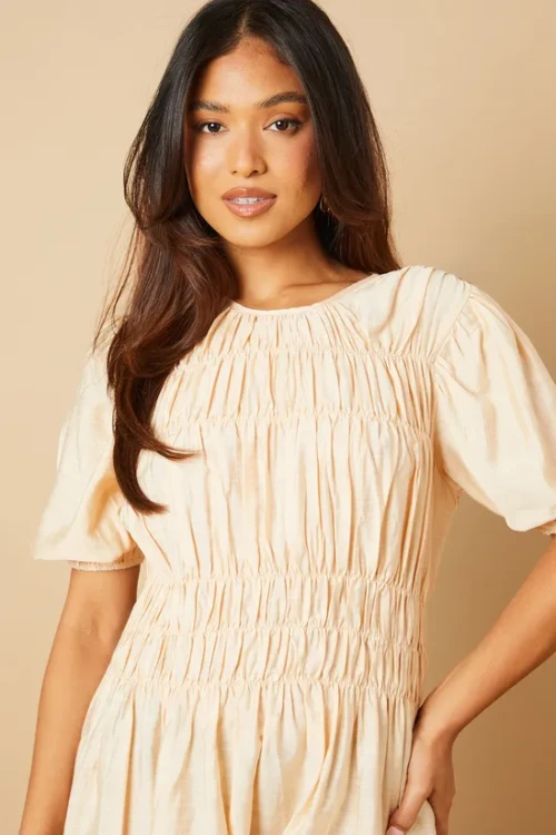 Elegant Round Neckline Puff Sleeve Smocked Front Tight Waist Solid Color Casual Dress