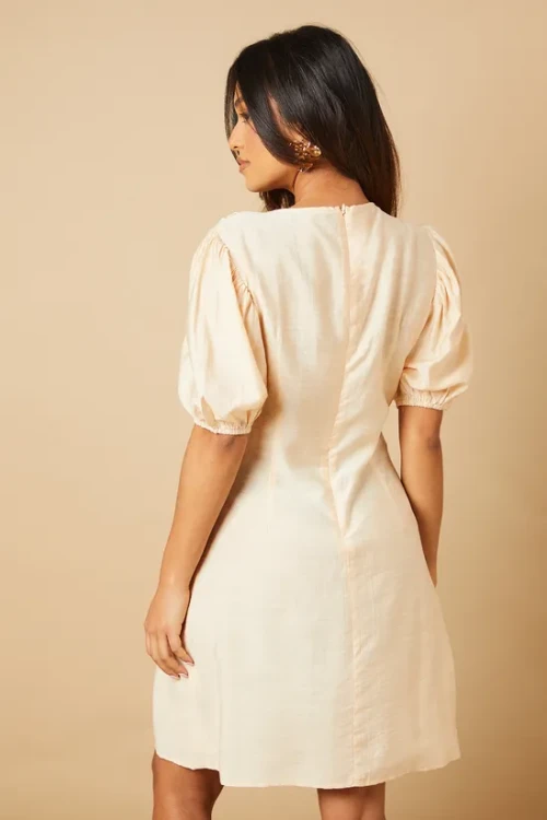 Elegant Round Neckline Puff Sleeve Smocked Front Tight Waist Solid Color Casual Dress