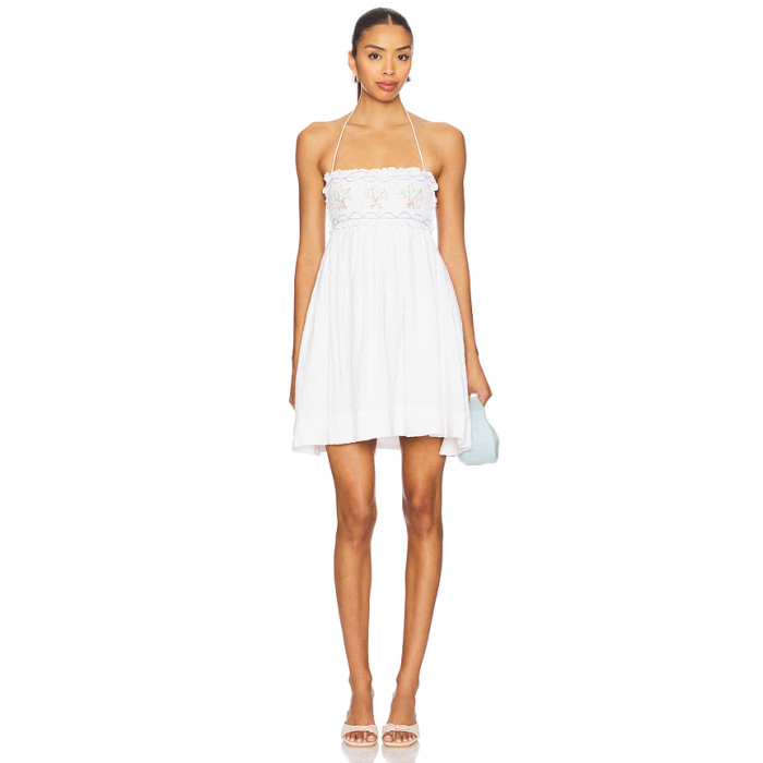 Sweet Back Exposing Tie Up Fresh Floral Embroidered White Short Halter Dress