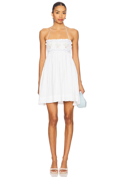 Sweet Back Exposing Tie Up Fresh Floral Embroidered White Short Halter Dress