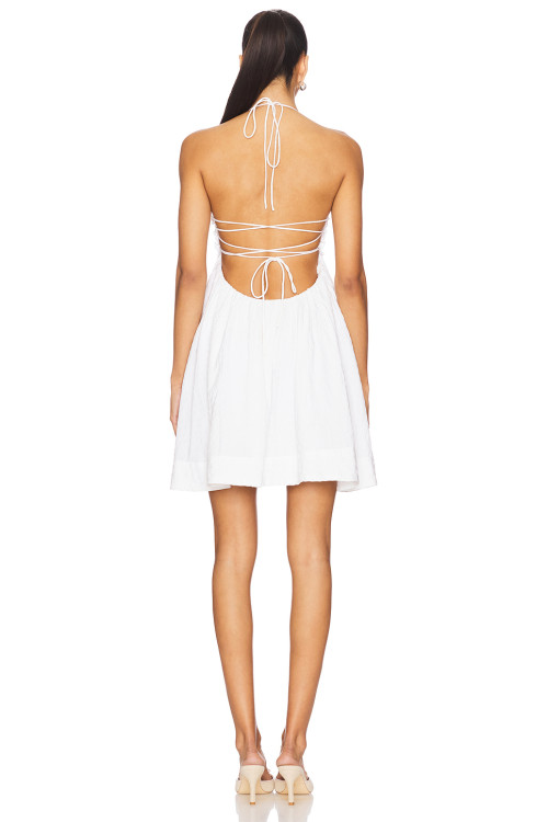 Sweet Back Exposing Tie Up Fresh Floral Embroidered White Short Halter Dress
