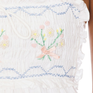 Sweet Back Exposing Tie Up Fresh Floral Embroidered White Short Halter Dress