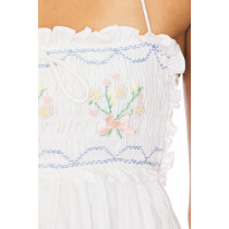 Sweet Back Exposing Tie Up Fresh Floral Embroidered White Short Halter Dress