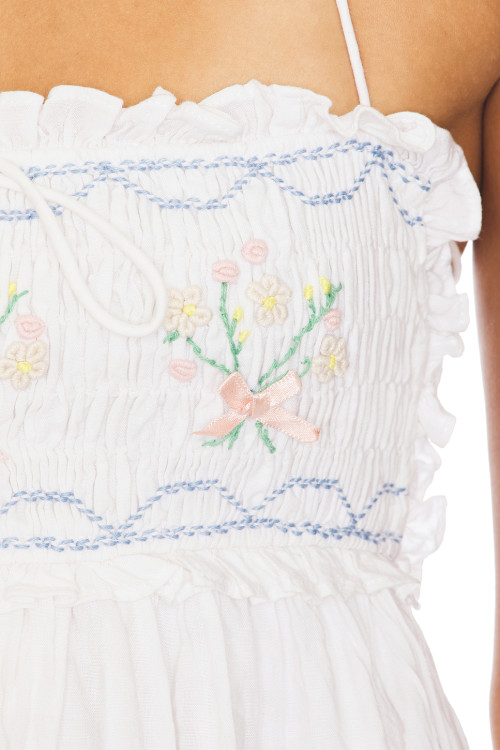 Sweet Back Exposing Tie Up Fresh Floral Embroidered White Short Halter Dress