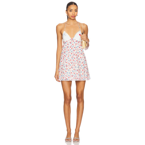 Back Baring Halter Design Fresh Floral Print Patchwork Embroidered Short Dress