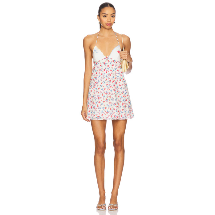 Back Baring Halter Design Fresh Floral Print Patchwork Embroidered Short Dress