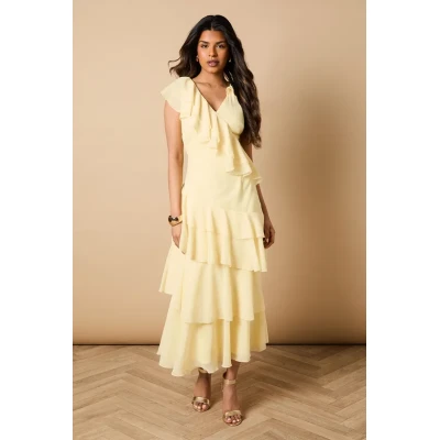 Elegant V-Neckline Cascading Ruffle Tight Waist Solid Color Casual Tiered Dress