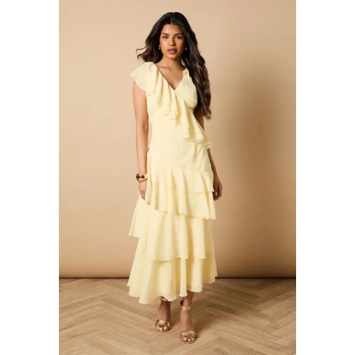 Elegant V-Neckline Cascading Ruffle Tight Waist Solid Color Casual Tiered Dress