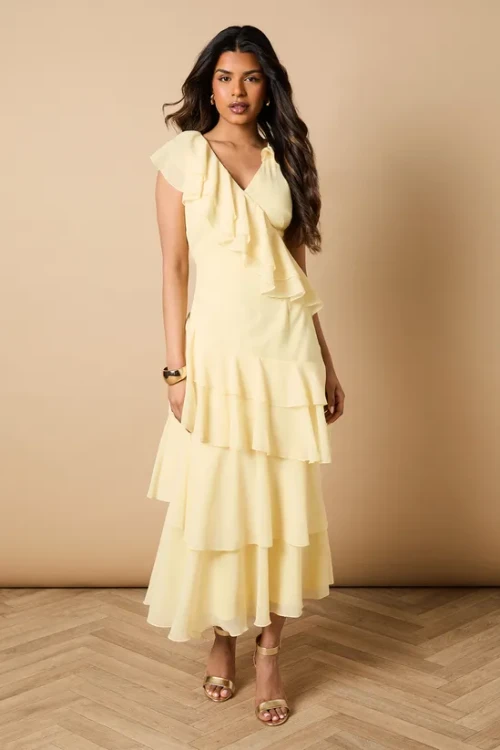 Elegant V-Neckline Cascading Ruffle Tight Waist Solid Color Casual Tiered Dress