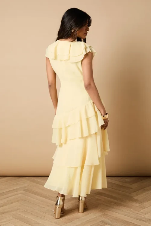 Elegant V-Neckline Cascading Ruffle Tight Waist Solid Color Casual Tiered Dress