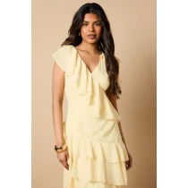 Elegant V-Neckline Cascading Ruffle Tight Waist Solid Color Casual Tiered Dress