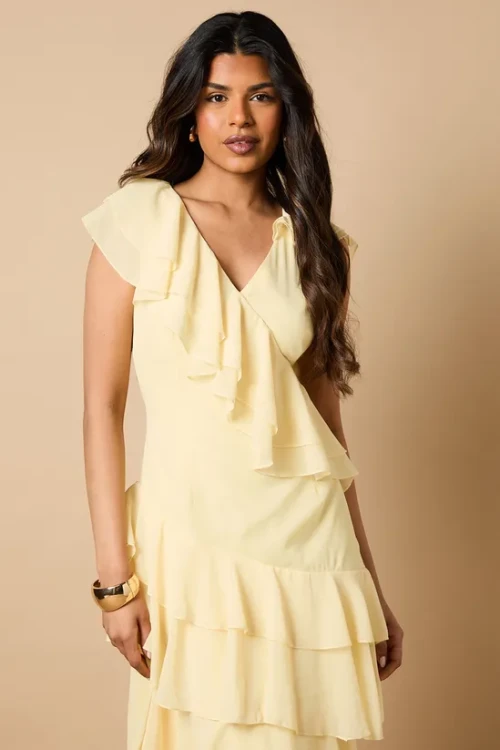 Elegant V-Neckline Cascading Ruffle Tight Waist Solid Color Casual Tiered Dress