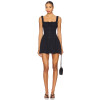 Hot Sale Fashionbale Black Tie Up Square Neck Button Detailing Fitted Puff Mini Dress