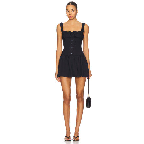 Hot Sale Fashionbale Black Tie Up Square Neck Button Detailing Fitted Puff Mini Dress