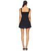Hot Sale Fashionbale Black Tie Up Square Neck Button Detailing Fitted Puff Mini Dress