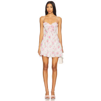 Pink Rose Print Spaghetti Strap Backless Ruffled Midweight Floral Chiffon Fabric Mini Dress