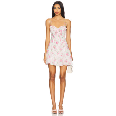 Pink Rose Print Spaghetti Strap Backless Ruffled Midweight Floral Chiffon Fabric Mini Dress