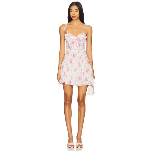Pink Rose Print Spaghetti Strap Backless Ruffled Midweight Floral Chiffon Fabric Mini Dress