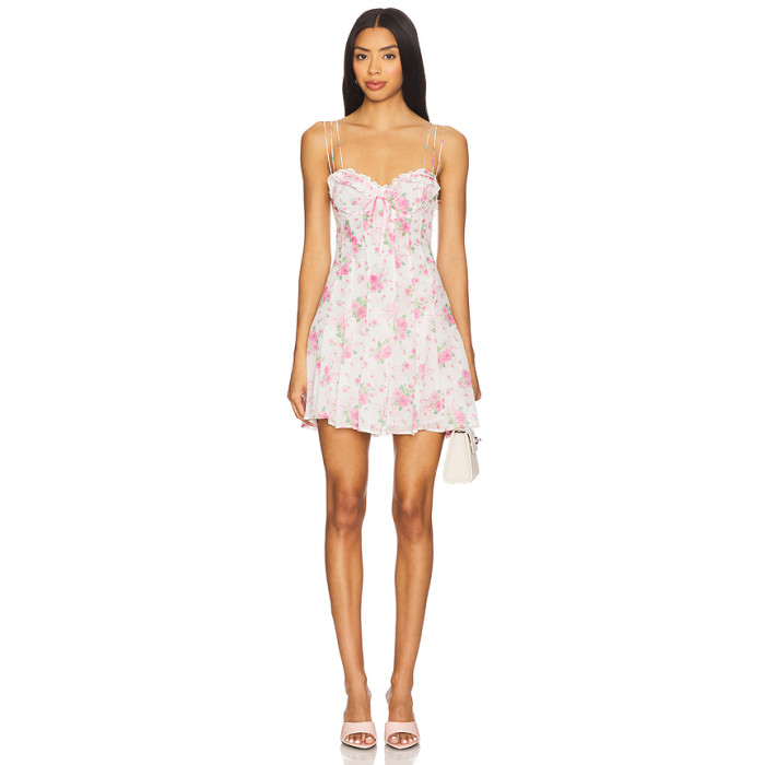 Pink Rose Print Spaghetti Strap Backless Ruffled Midweight Floral Chiffon Fabric Mini Dress
