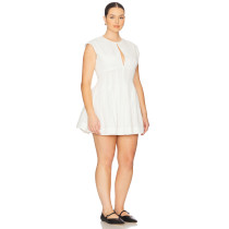 White Round Neck Slit Sleeveless Fitted Puff Skirt Midweight Poplin Fabric Mini Dress