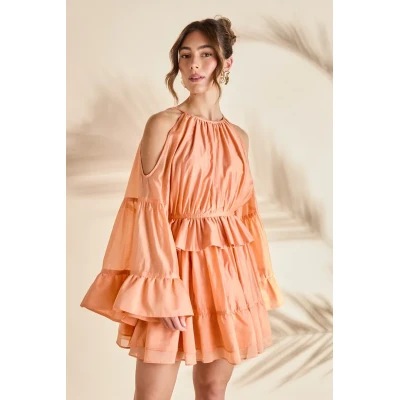 Elegant Halter-Neckline Long Sleeves With Cut Outs Ruffle Tight Waist Formal Dress