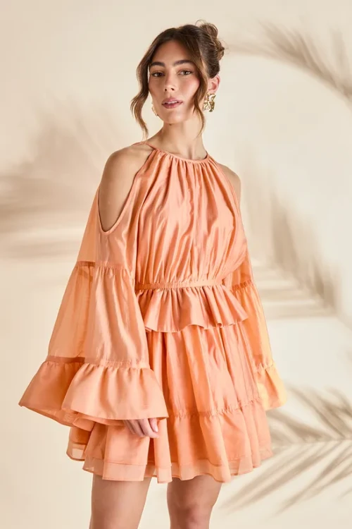 Elegant Halter-Neckline Long Sleeves With Cut Outs Ruffle Tight Waist Formal Dress