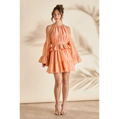 Elegant Halter-Neckline Long Sleeves With Cut Outs Ruffle Tight Waist Formal Dress