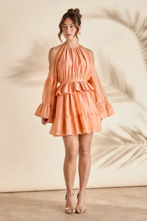 Elegant Halter-Neckline Long Sleeves With Cut Outs Ruffle Tight Waist Formal Dress