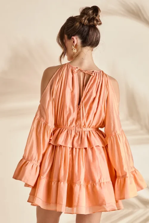 Elegant Halter-Neckline Long Sleeves With Cut Outs Ruffle Tight Waist Formal Dress