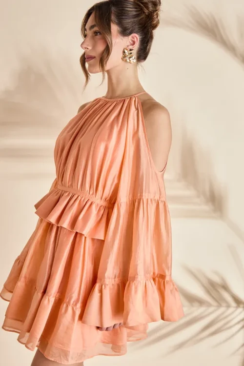 Elegant Halter-Neckline Long Sleeves With Cut Outs Ruffle Tight Waist Formal Dress