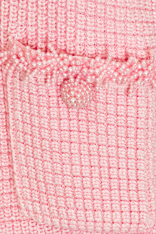 Sweet Pink Tweed Pearl Embellishments Short Sleeved Bodycon Dress