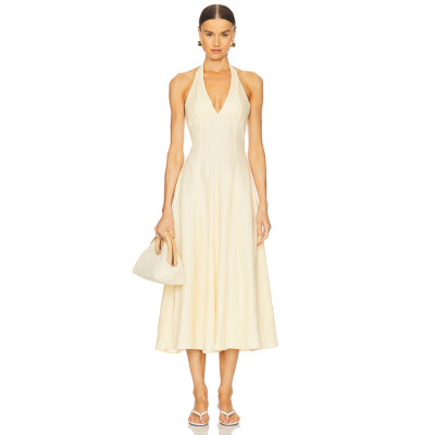 Elegant Deep V Neck Tie up Straps Off White Halter Neck Midi Dress