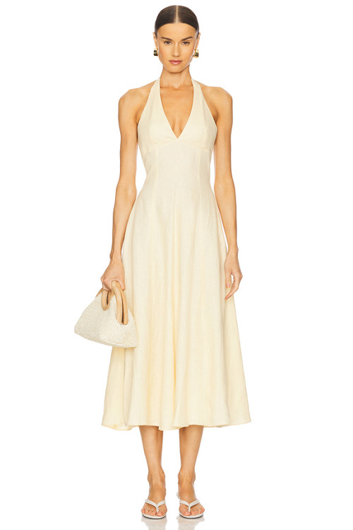 Elegant Deep V Neck Tie up Straps Off White Halter Neck Midi Dress