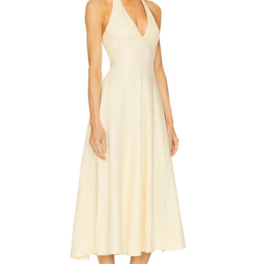 Elegant Deep V Neck Tie up Straps Off White Halter Neck Midi Dress