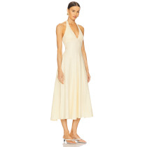 Elegant Deep V Neck Tie up Straps Off White Halter Neck Midi Dress