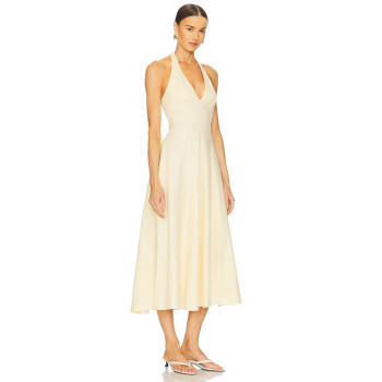 Elegant Deep V Neck Tie up Straps Off White Halter Neck Midi Dress