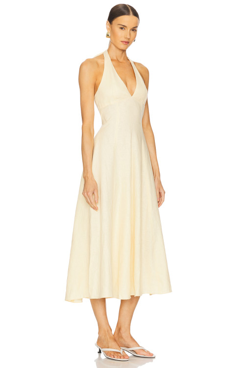 Elegant Deep V Neck Tie up Straps Off White Halter Neck Midi Dress