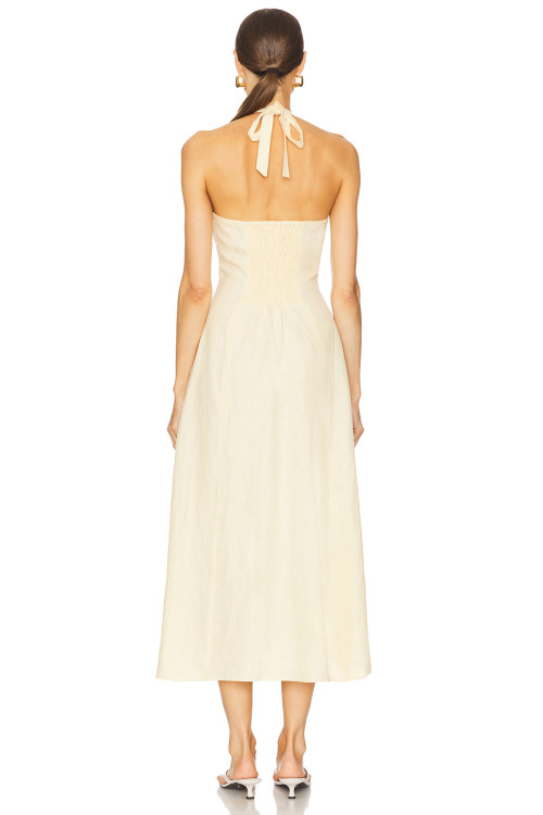 Elegant Deep V Neck Tie up Straps Off White Halter Neck Midi Dress