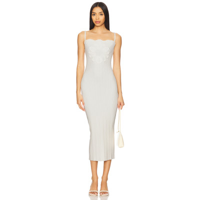 Light Gray Floral Embroidery Thin Shoulder Straps Bodycon Midi Dress