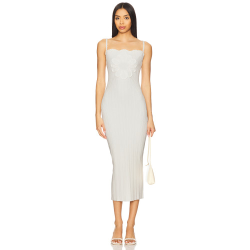 Light Gray Floral Embroidery Thin Shoulder Straps Bodycon Midi Dress