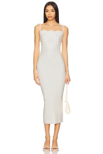 Light Gray Floral Embroidery Thin Shoulder Straps Bodycon Midi Dress
