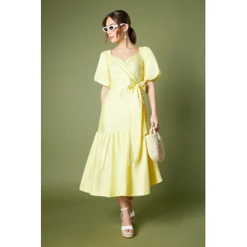 Fashion Elegant V-Neckline Ruff Sleeve Ruffle Tight Waist Solid Color Formal Dress